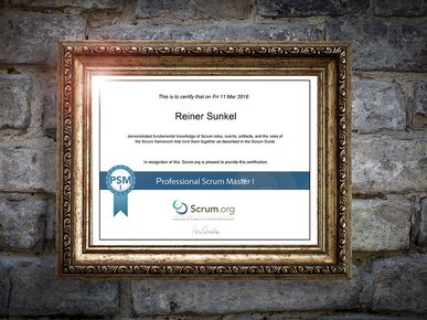 Ein Foto des Zertifikat zum Professional Scrum Master für Reiner Sunkel